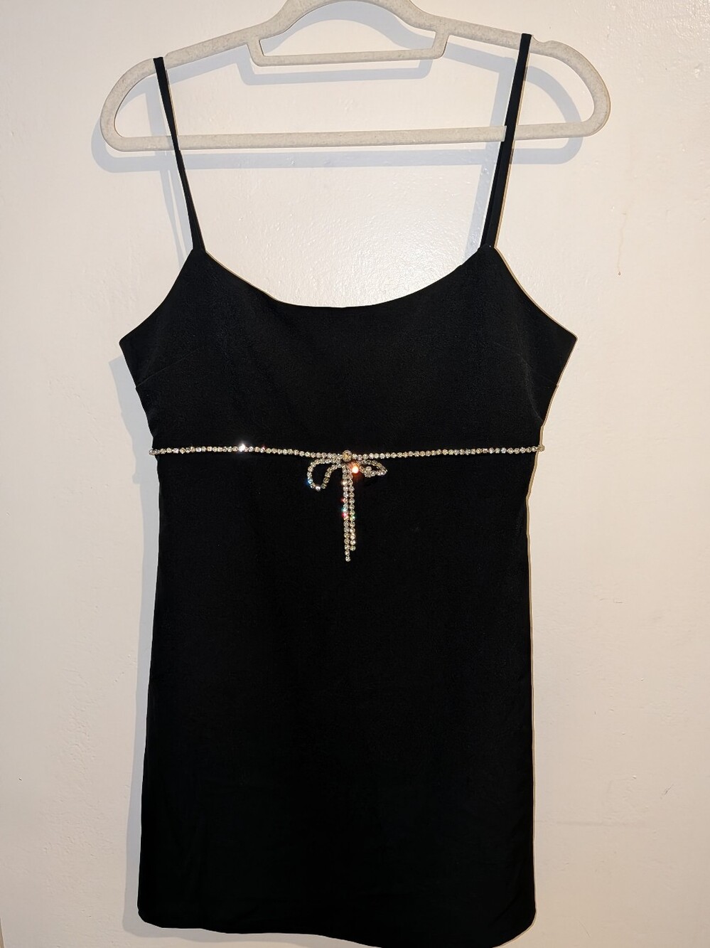 City Triangles Black Spaghetti-Strap Mini Dress with Rhinestone Waist Tie Size L